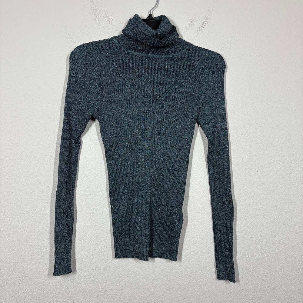Leo & Sage Small Turtleneck Rib Sweater Pullover Green Cotton Nylon Long Sleeves